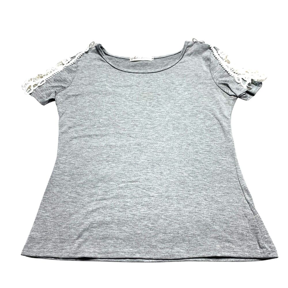 Arden Furtado Top Womens Medium Gray Short Sleeve Lace Look Fitted TShirt